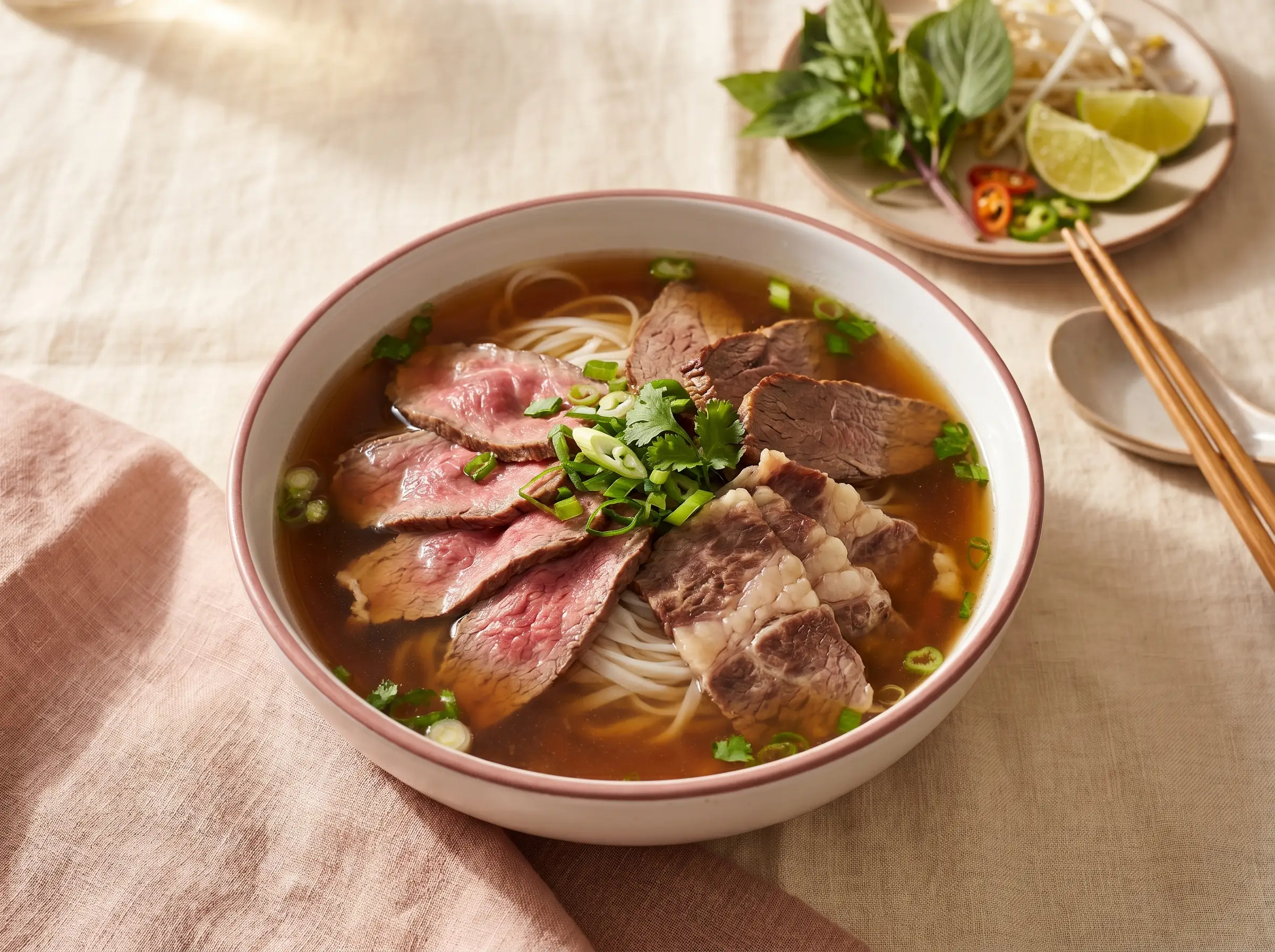 Pho with rare steak, flank, and fatty flank in deep amber broth.