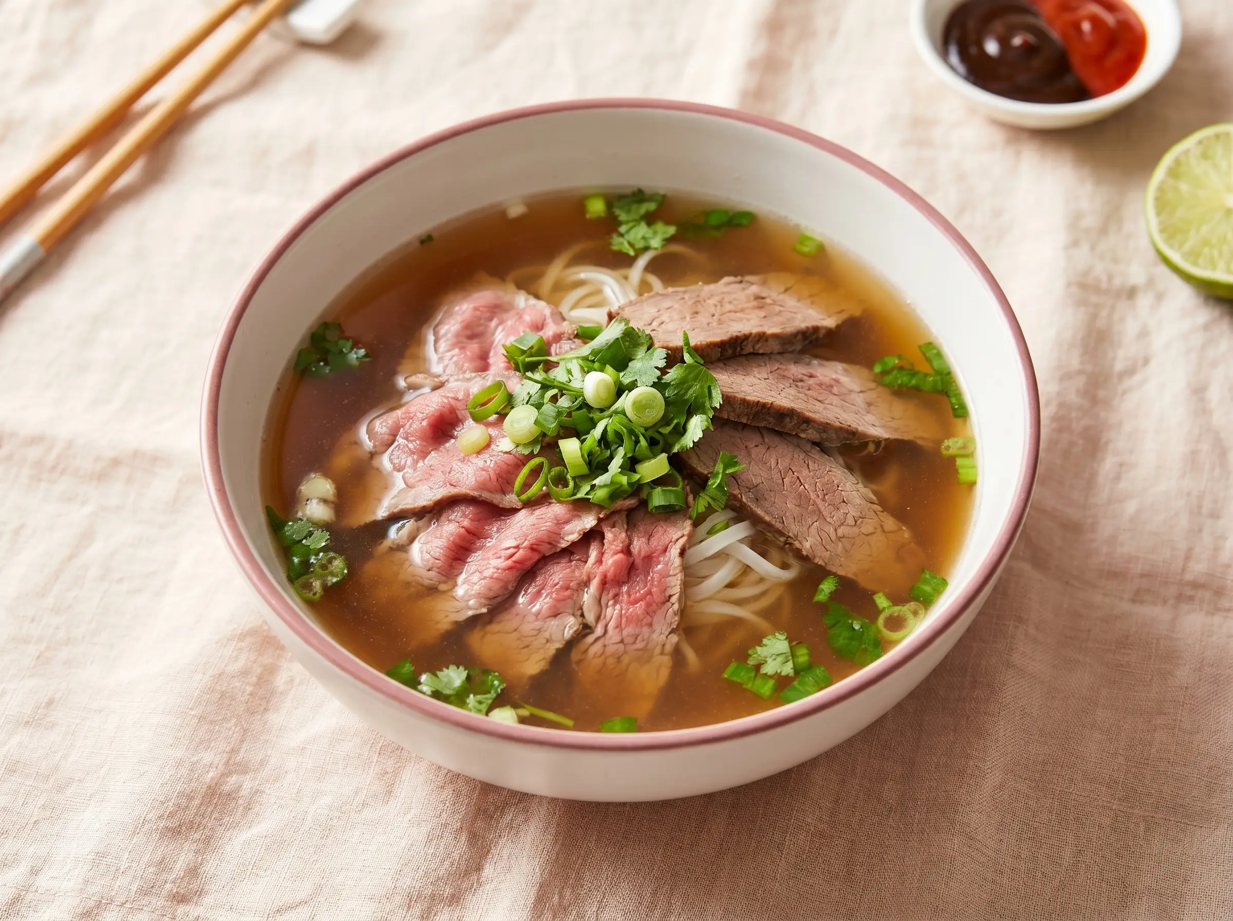 Pho with rare beef and well-done flank steak.