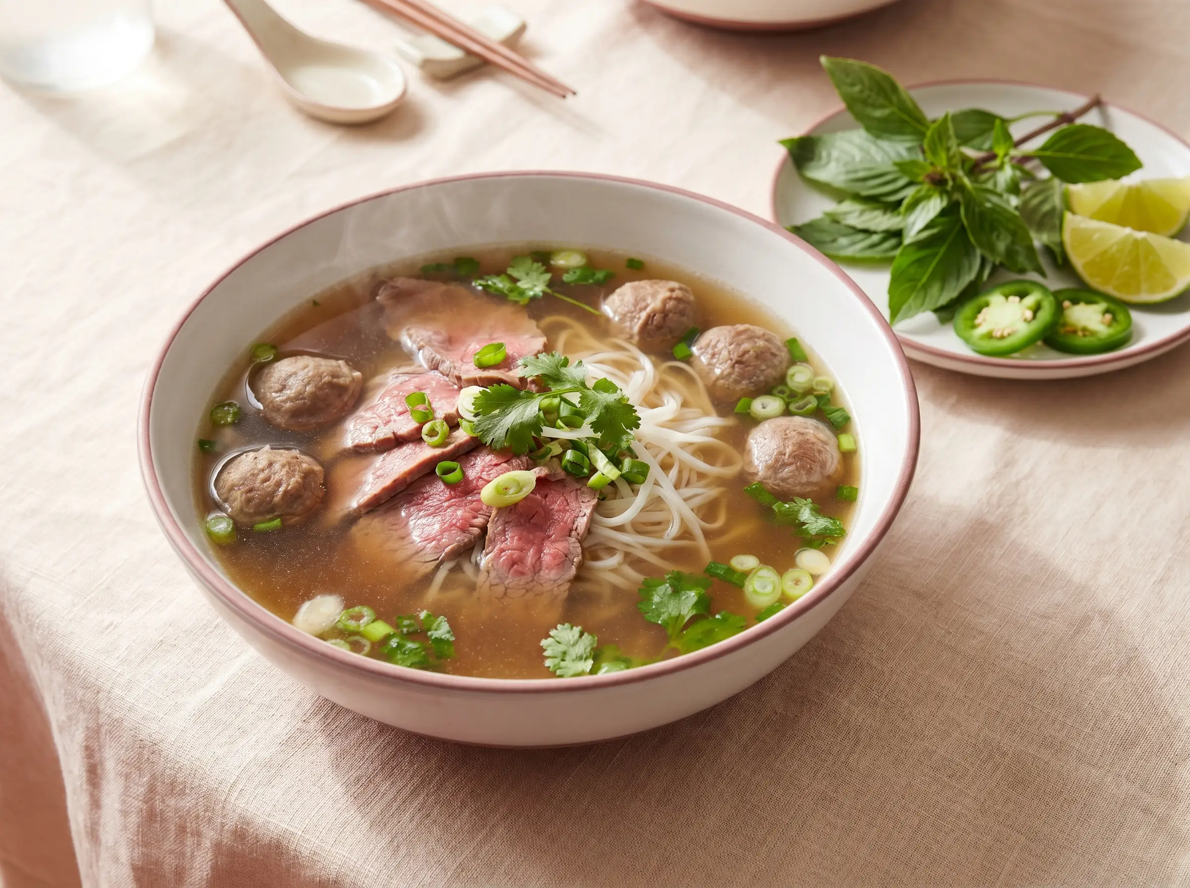 Pho with rare beef and springy meatballs over rice noodles.