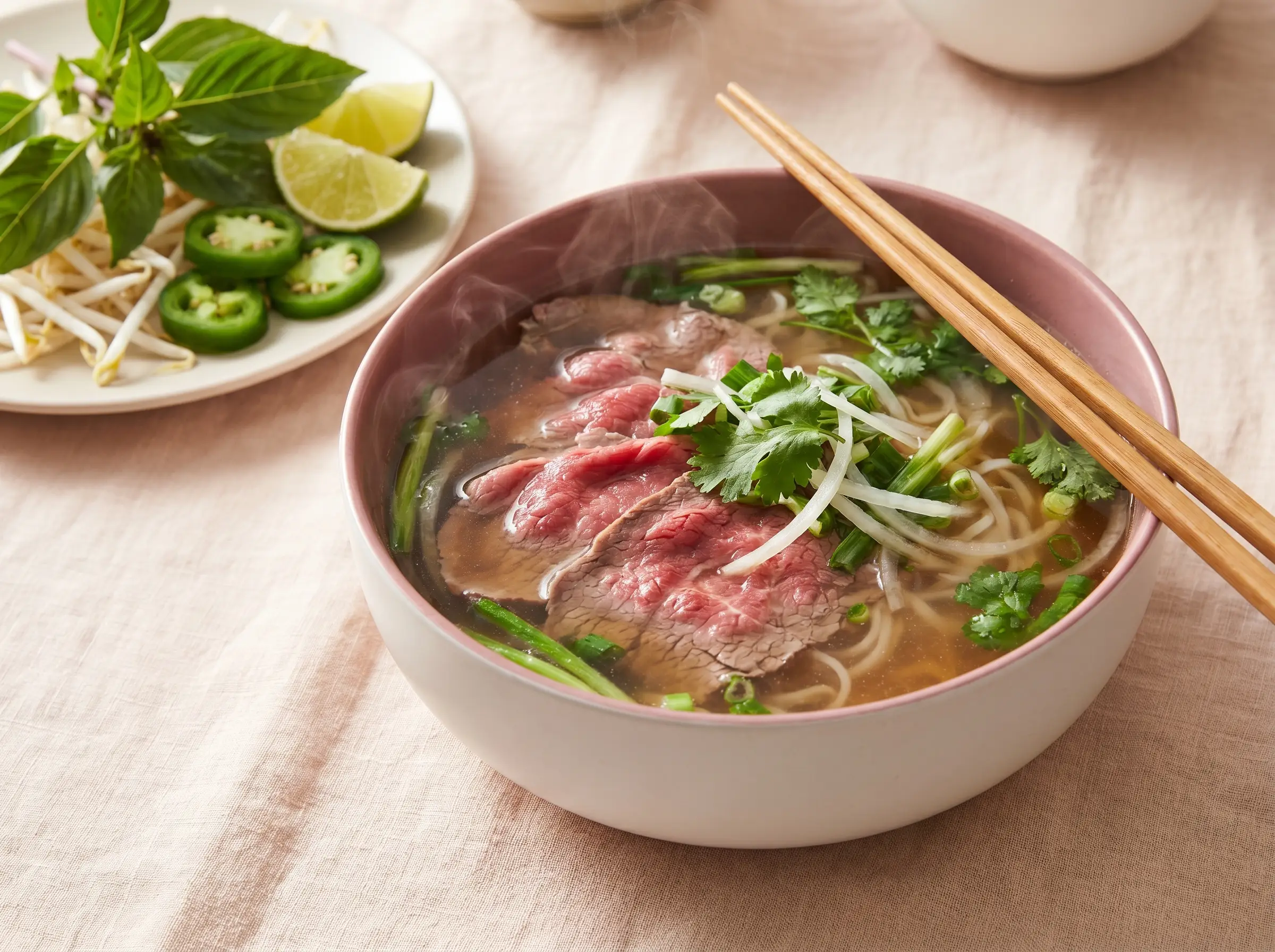 Pho tai with rare beef over rice noodles in twelve-hour broth.