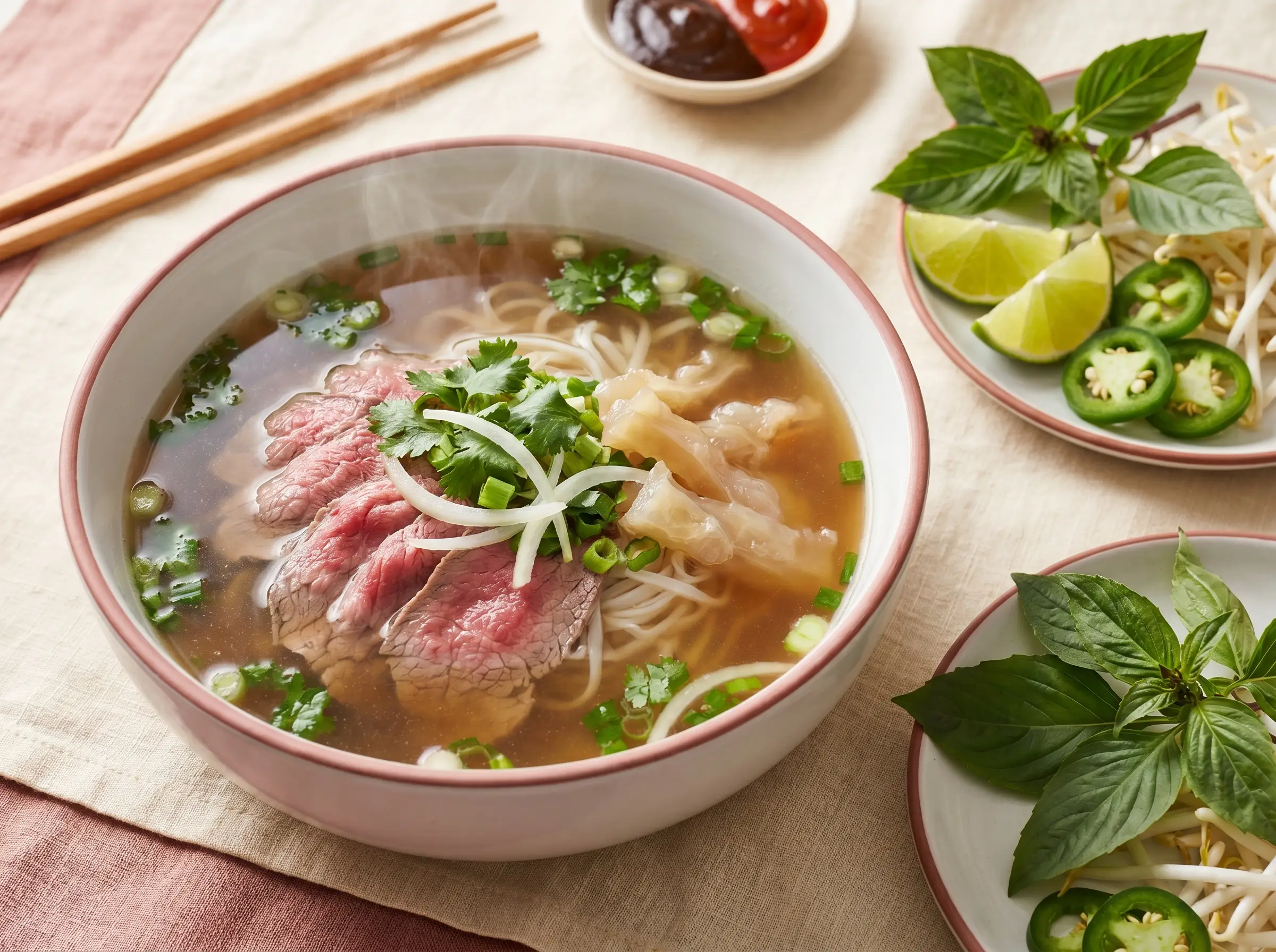 Pho with rare beef and silky beef tendon.