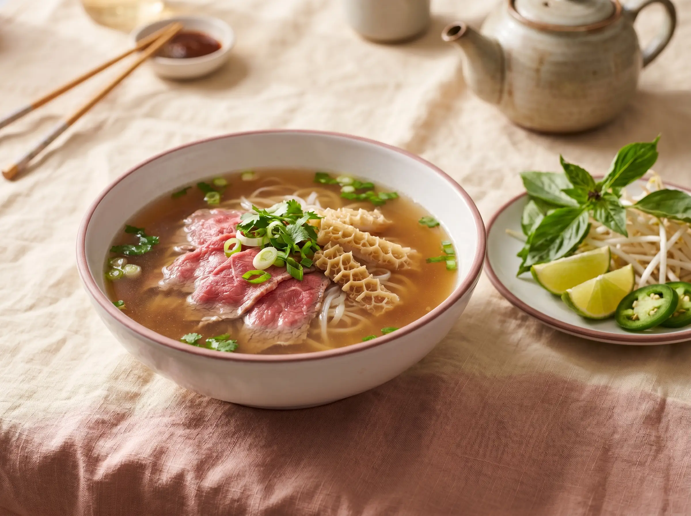 Pho with rare beef and tripe in twelve-hour broth.