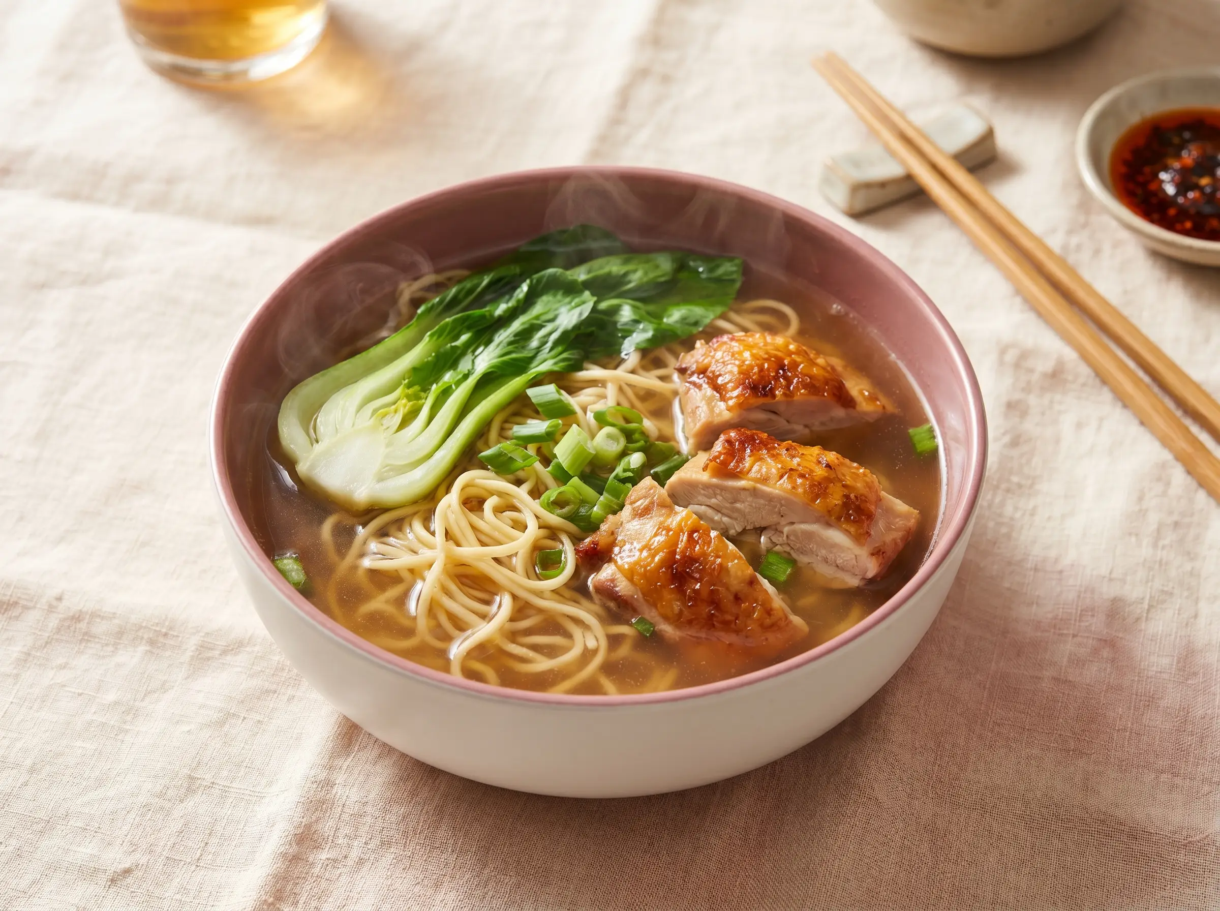Egg noodle soup with roasted chicken pieces in clear broth.