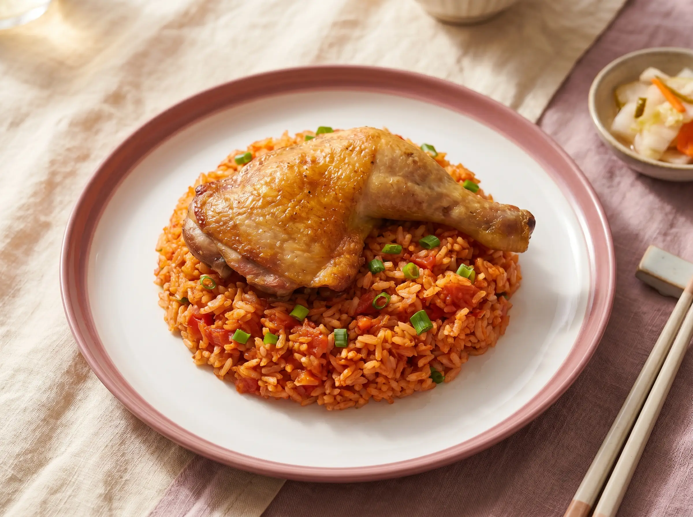 Roasted chicken thigh over tomato fried rice on a white ceramic plate.