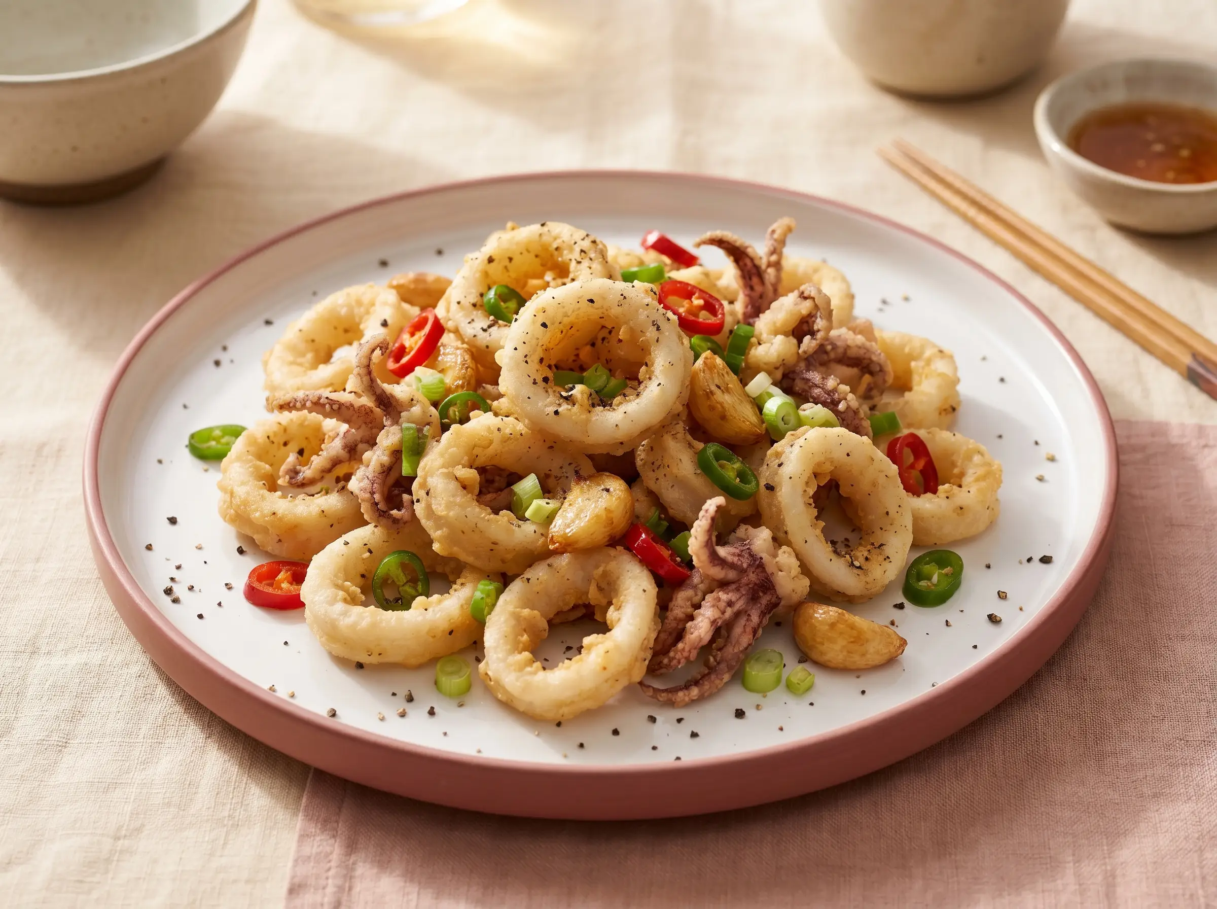 Salt-and-pepper baked calamari rings with garlic and chili.