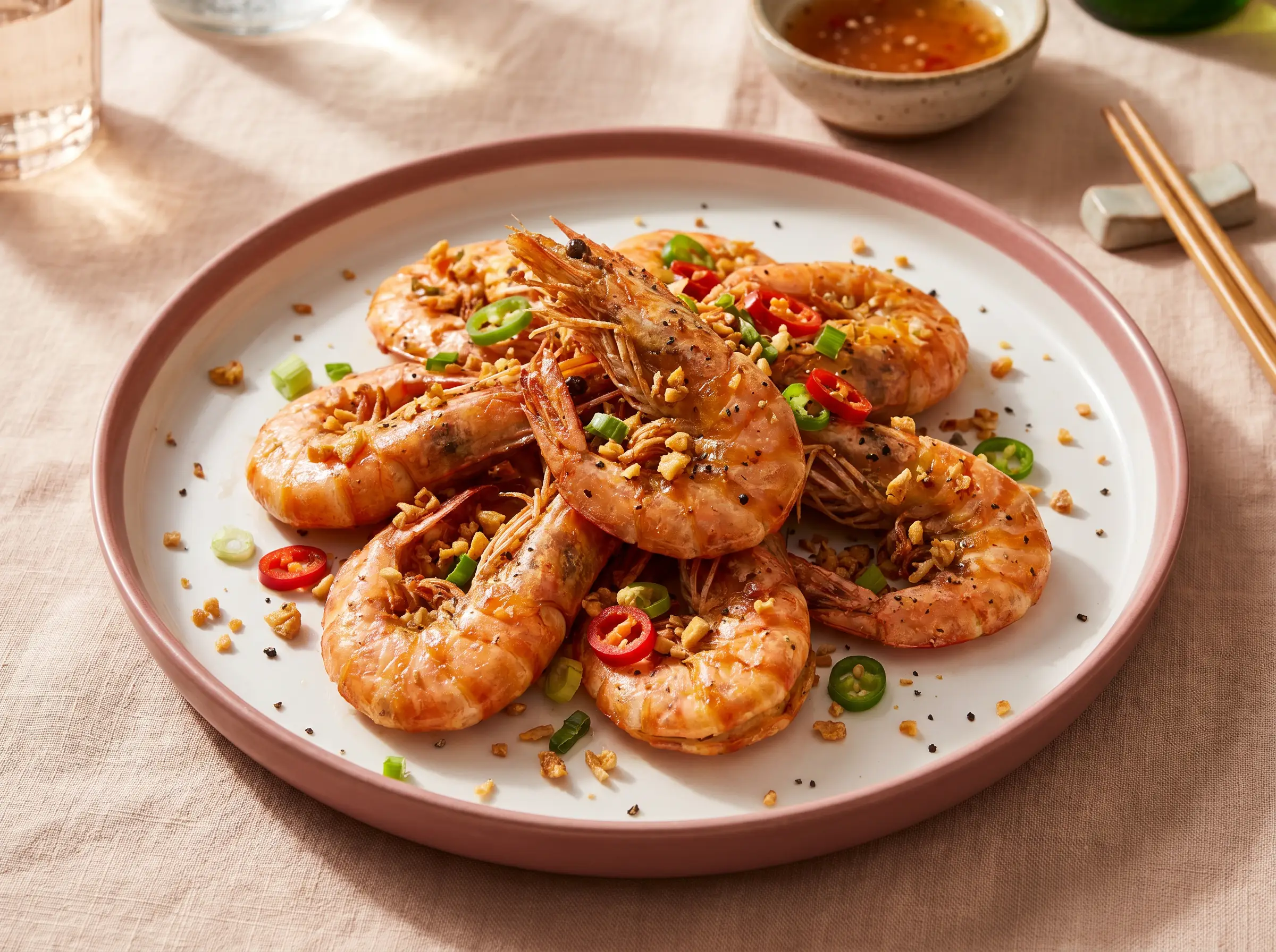 Salt-and-pepper baked shrimp with garlic, scallion, and chili.