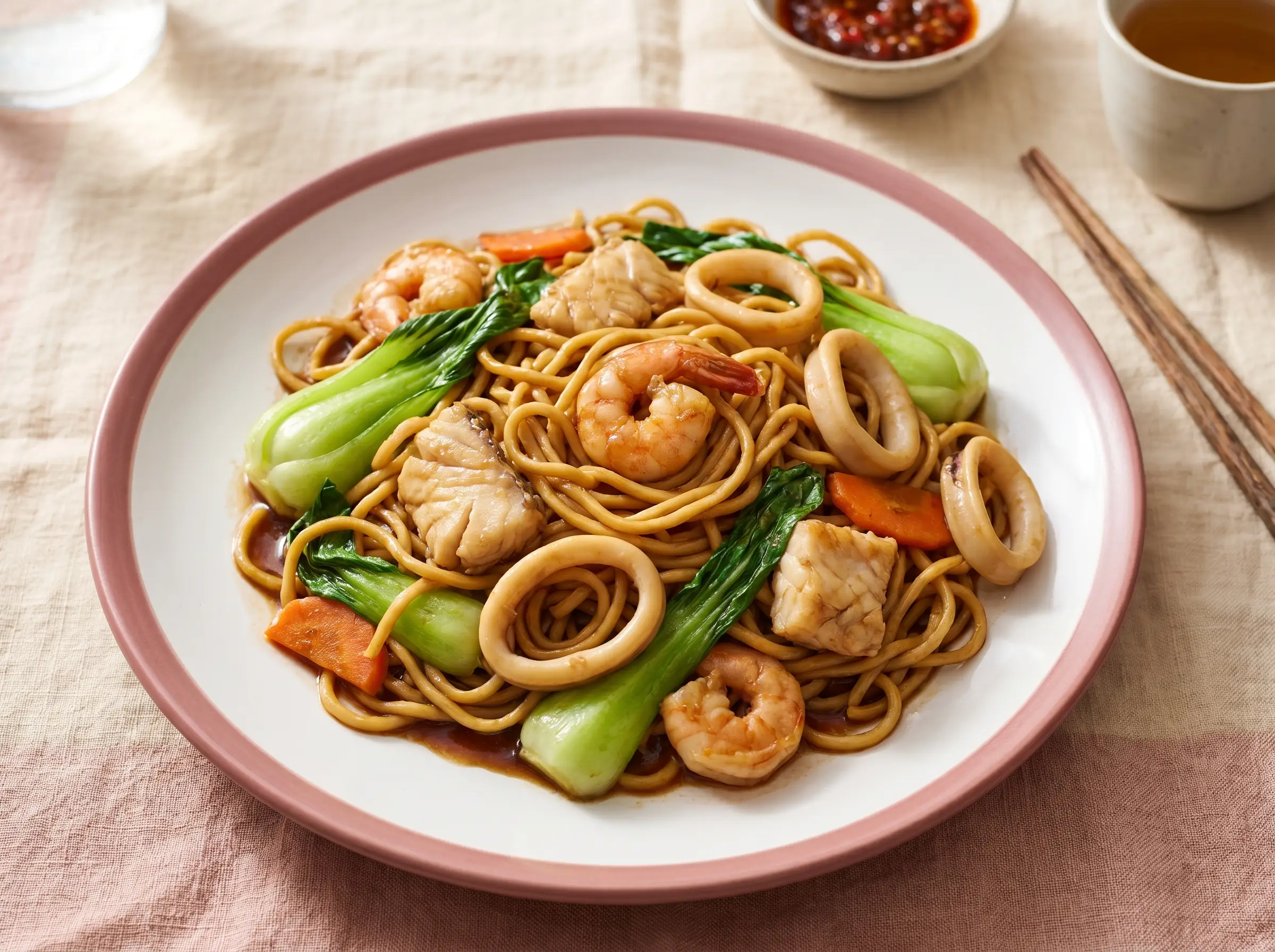 Stir-fried egg noodles with mixed seafood, shrimp, squid, fish.