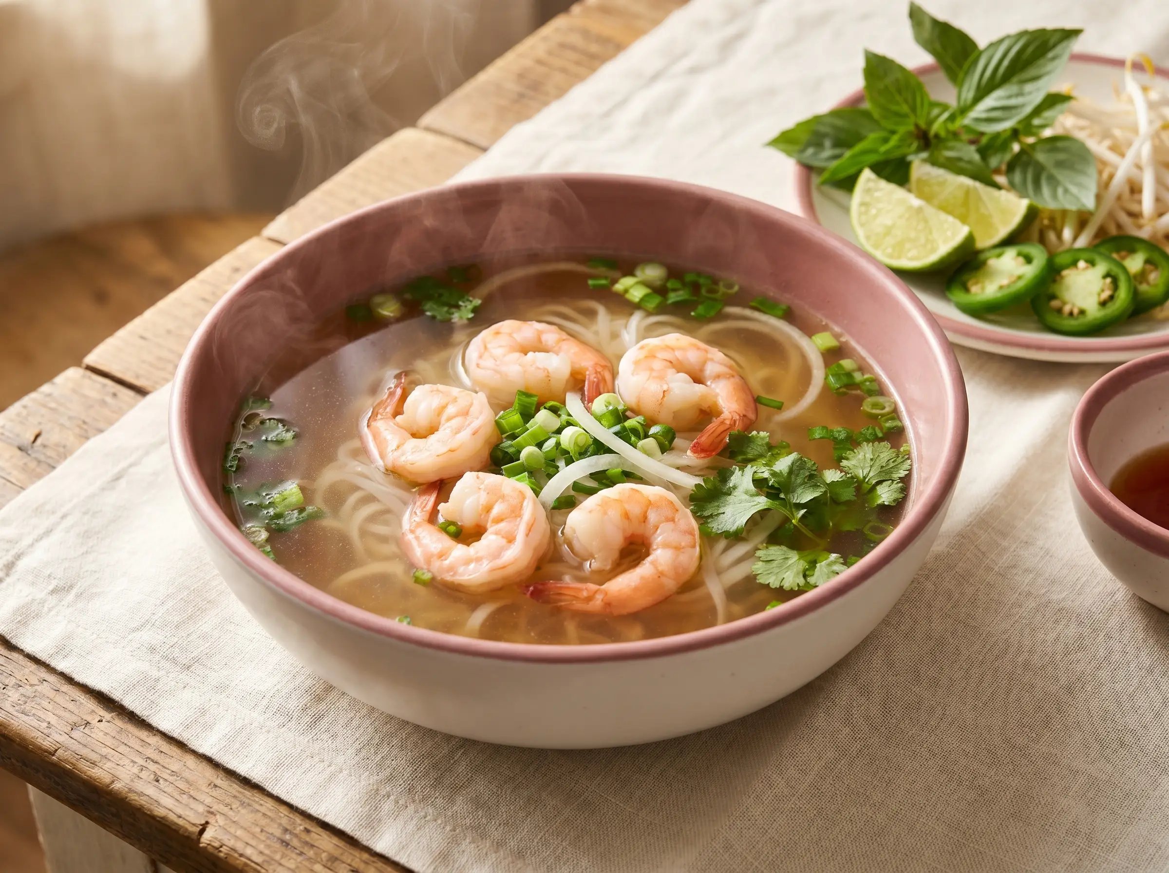 Seafood pho with plump shrimp in delicate amber broth.