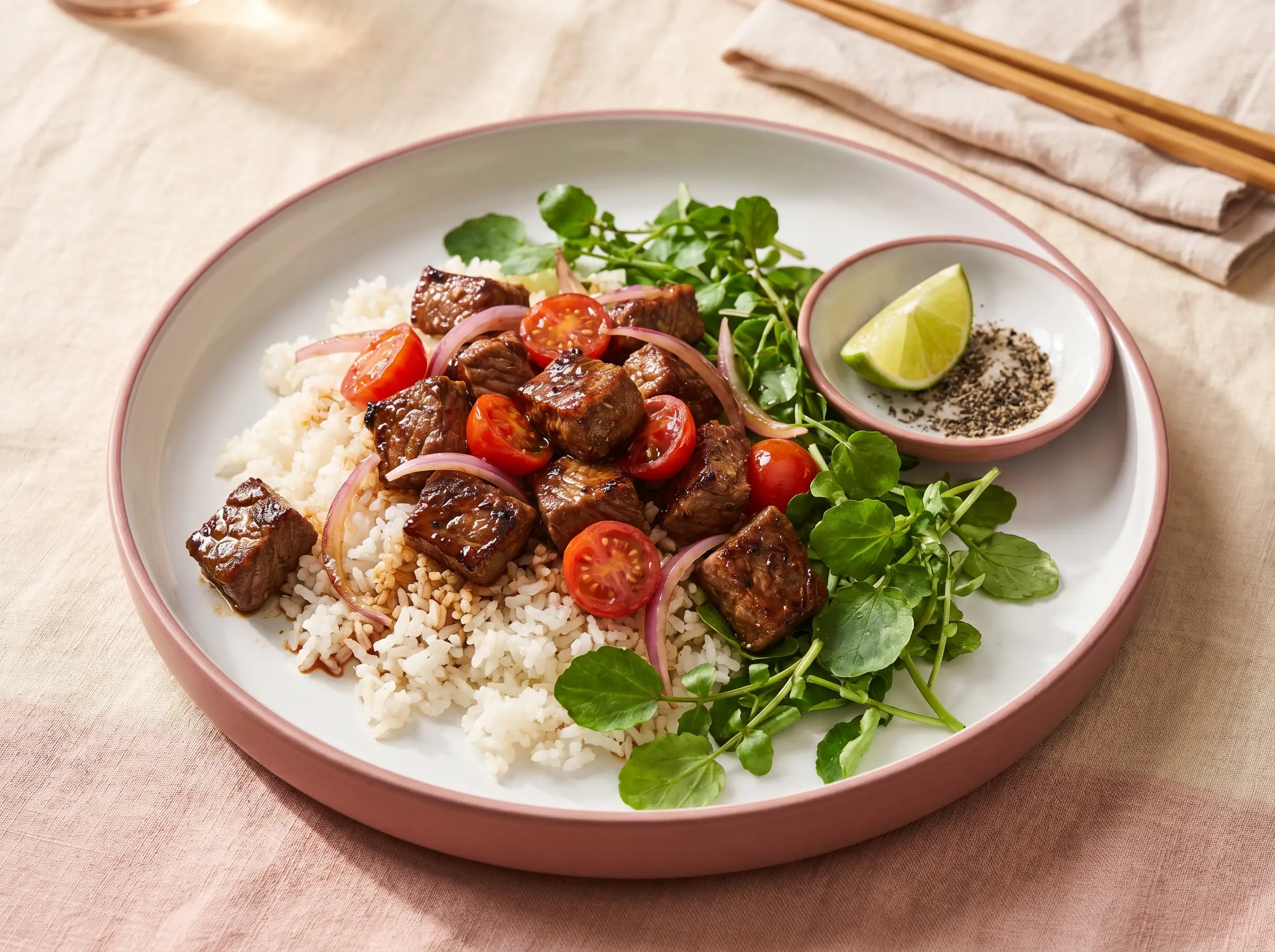Shaking beef — wok-tossed cubed steak in garlic butter and soy sauce over watercress, with lime-pepper-salt dip
