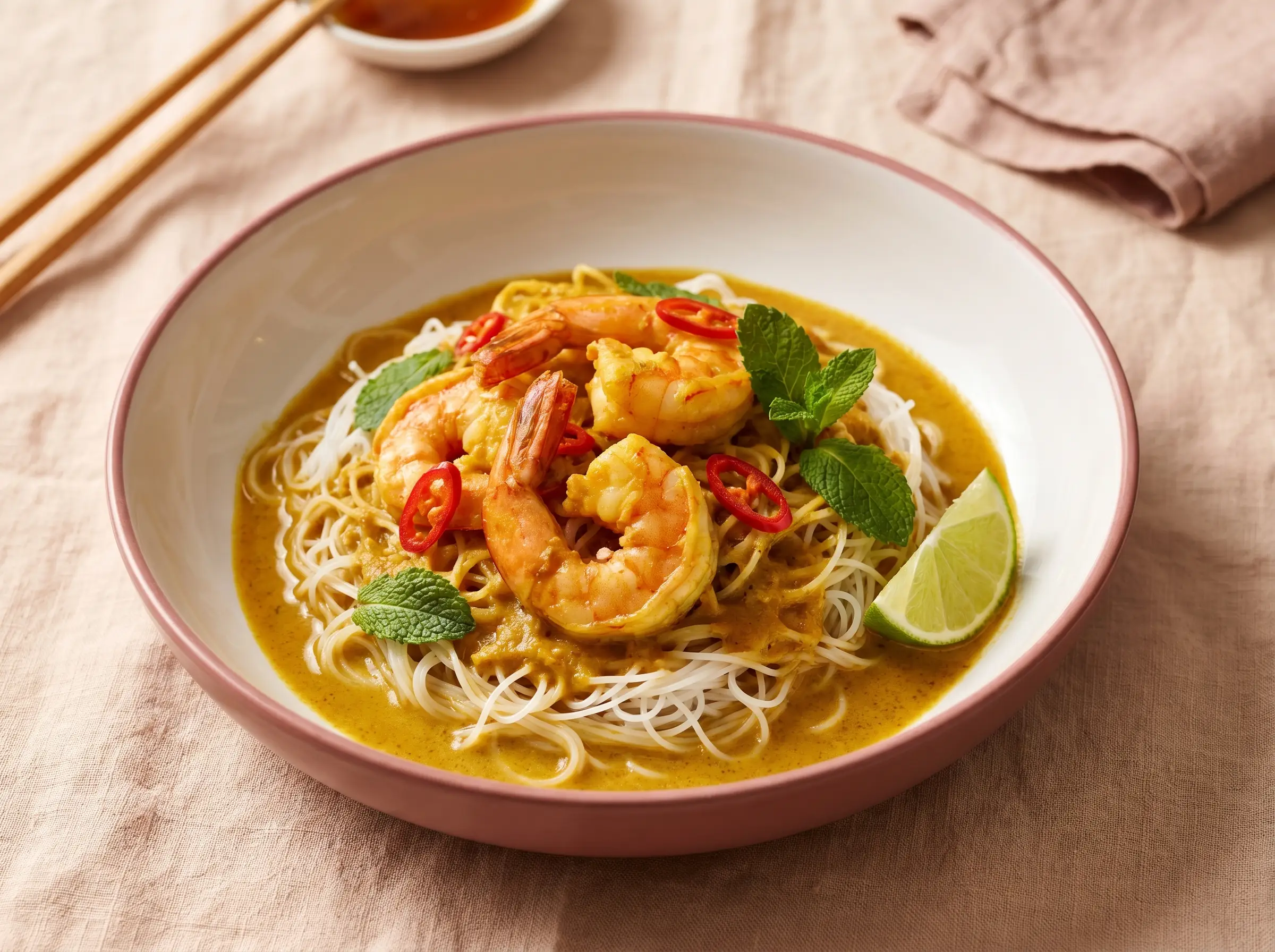 Vermicelli noodles topped with shrimp in golden coconut curry sauce.