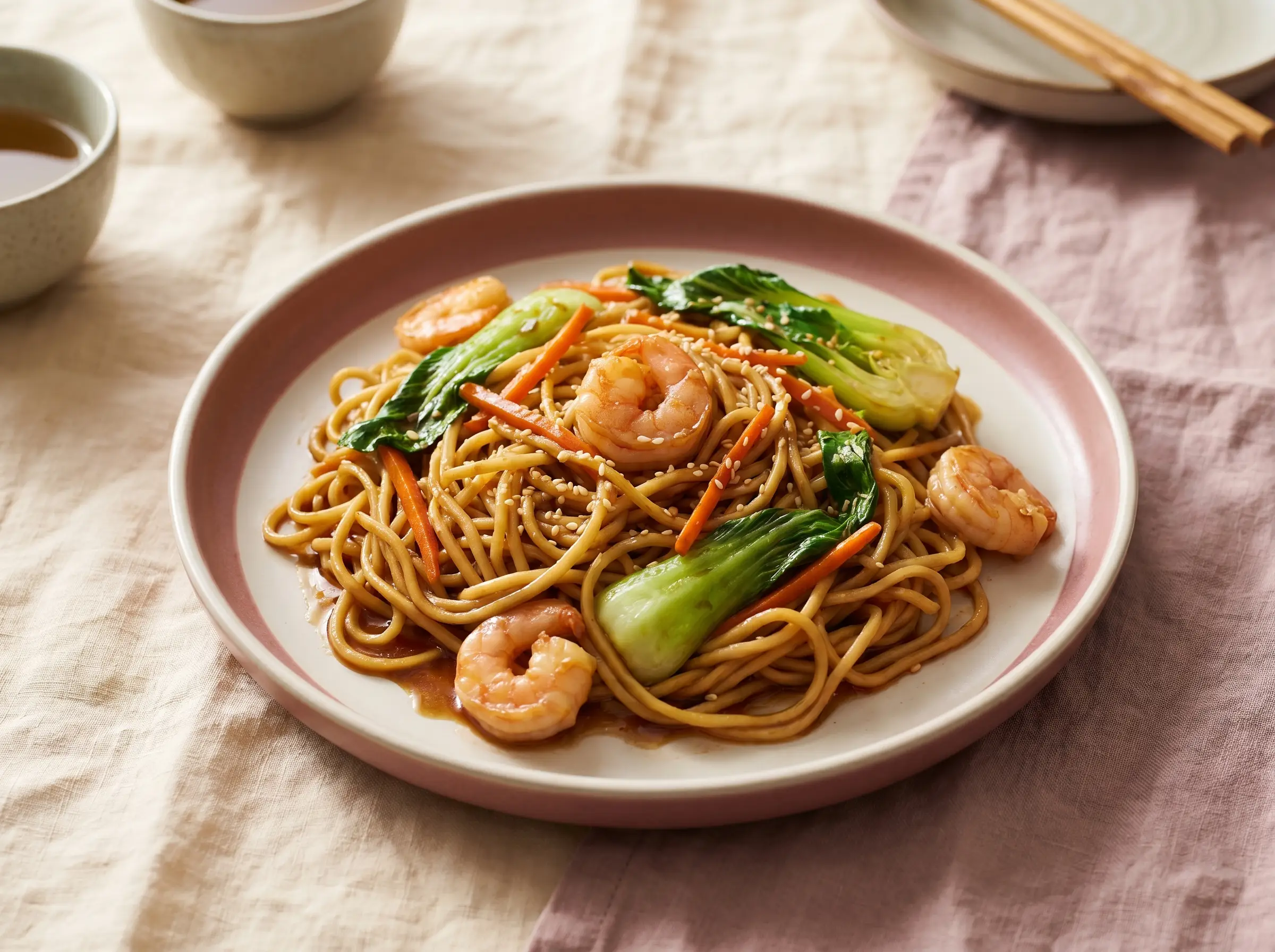 Stir-fried egg noodles with plump shrimp and vegetables.