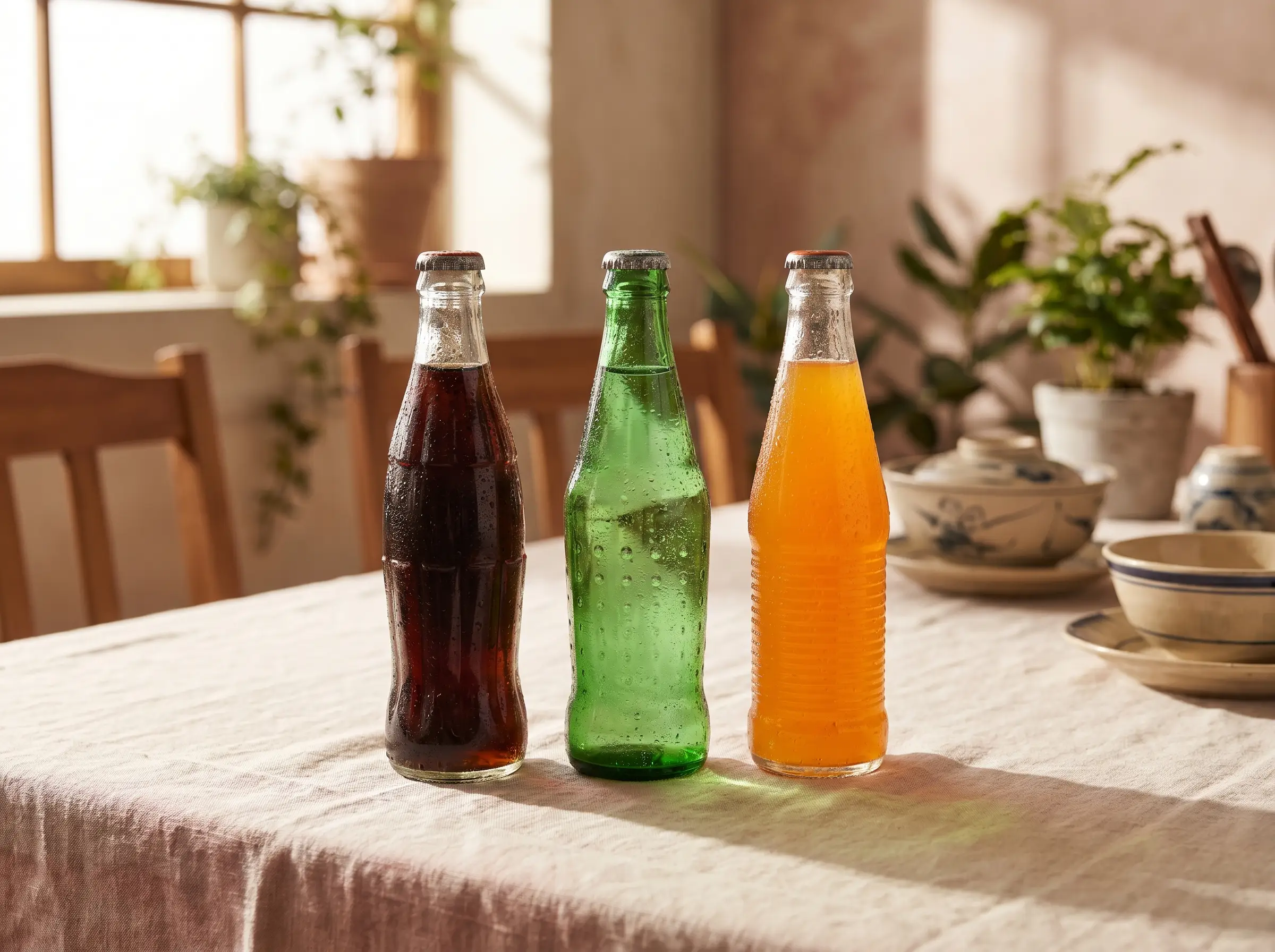 Glass bottles of soft drinks lined up on a wooden surface.