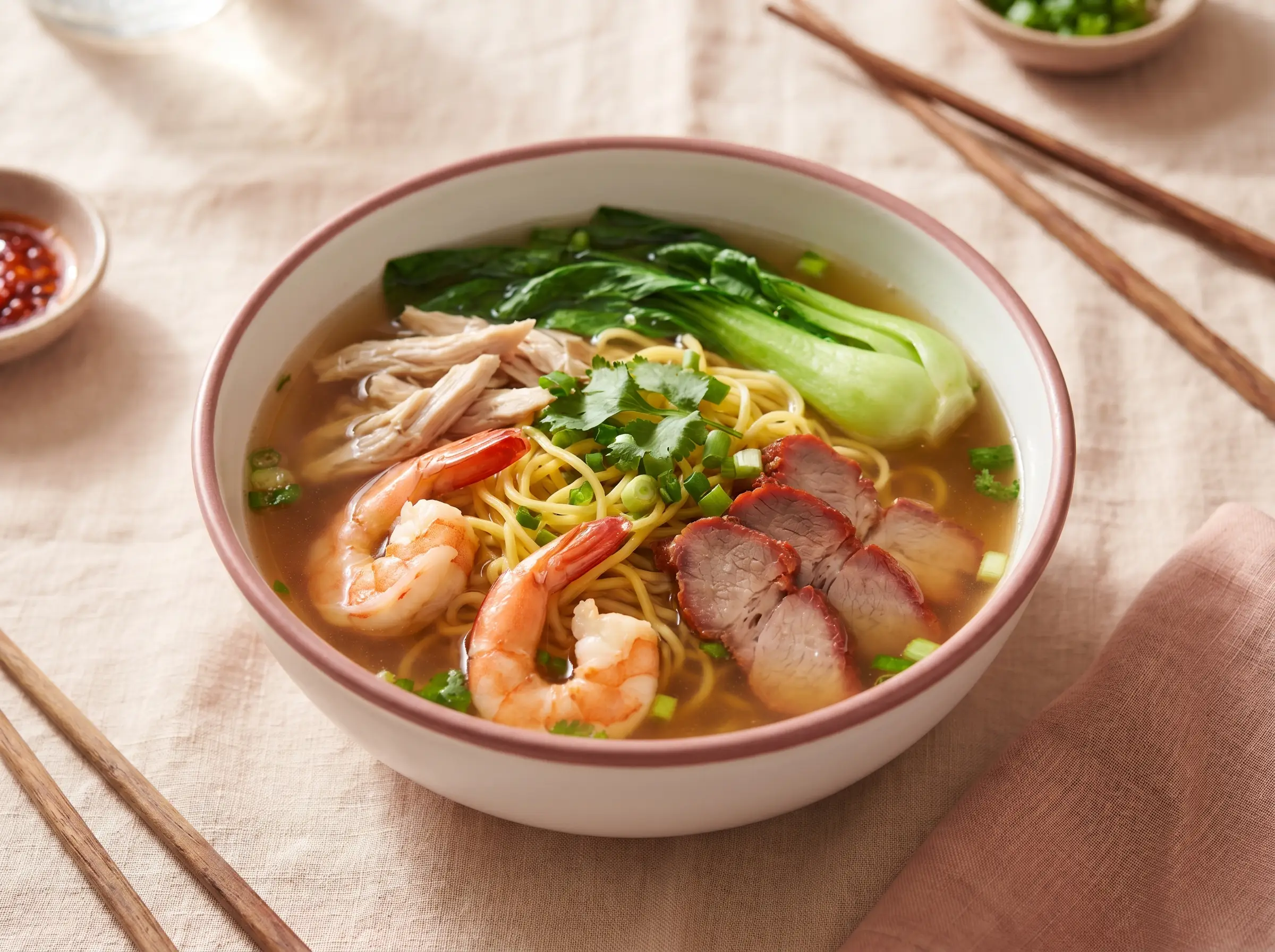 Special egg noodle soup with mixed roast pork, shrimp, and chicken in clear broth.