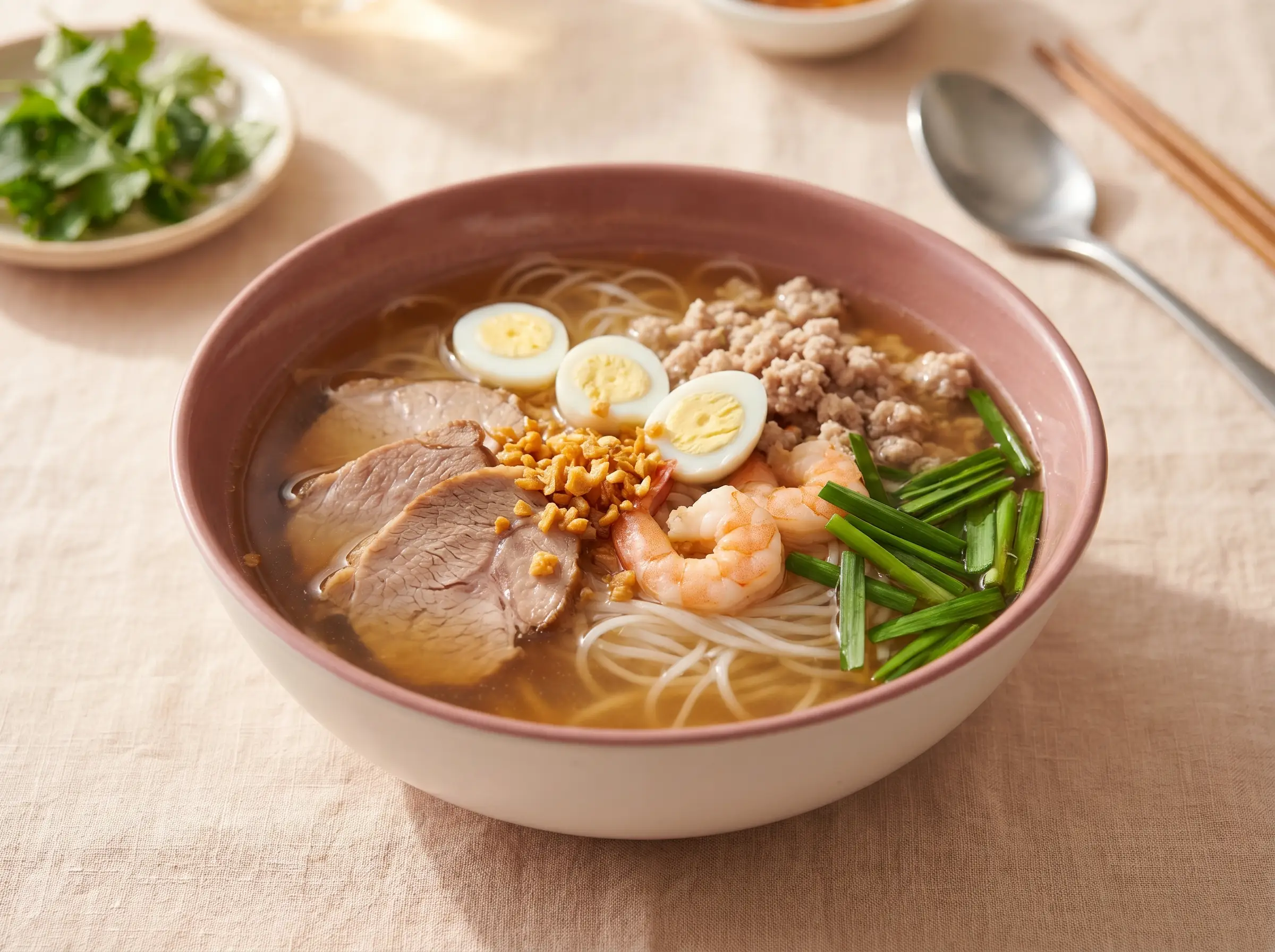 Southern Vietnamese rice noodle soup with pork, shrimp, and quail eggs.