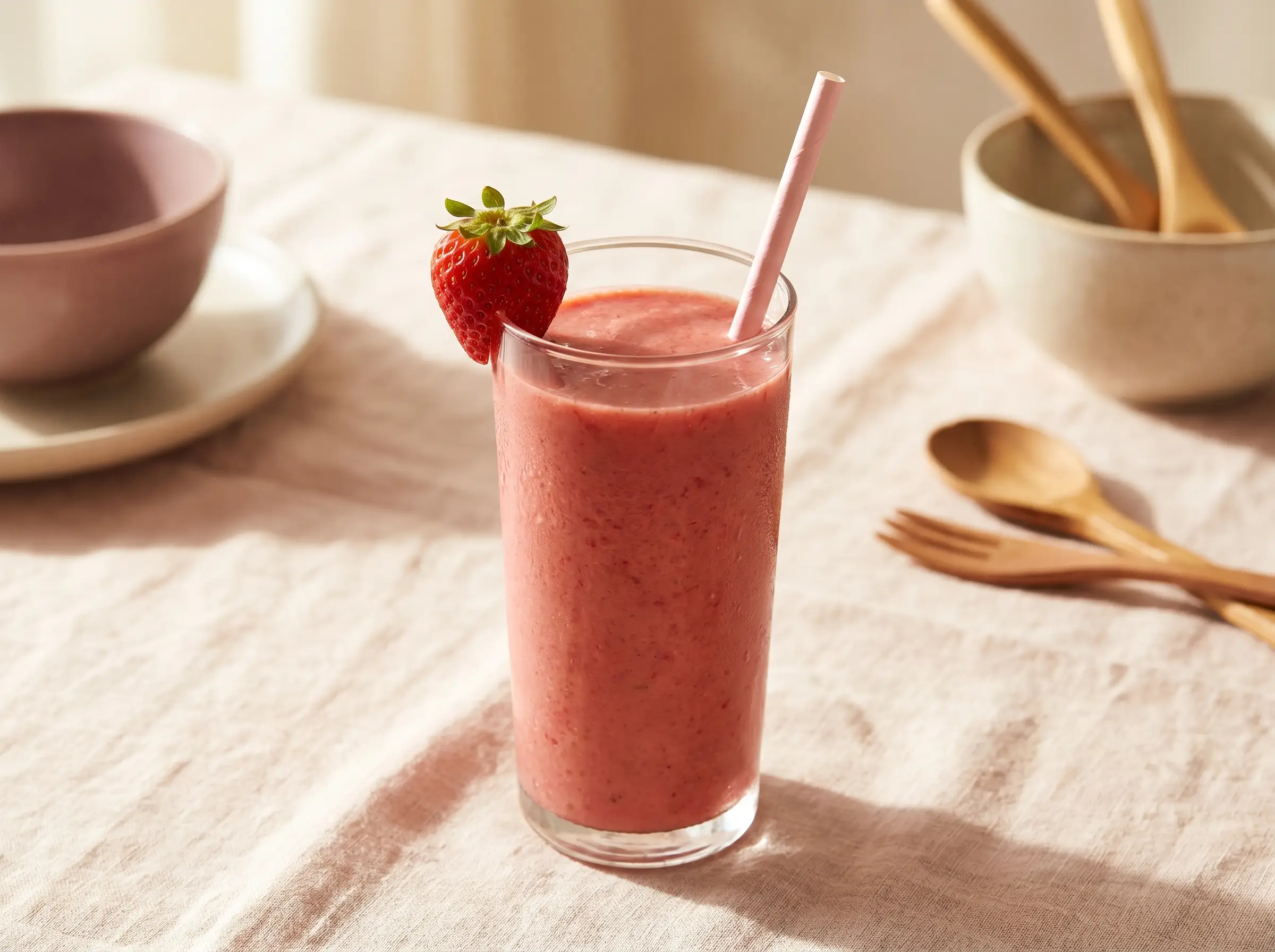 Vietnamese strawberry smoothie in a tall glass with a strawberry on the rim.