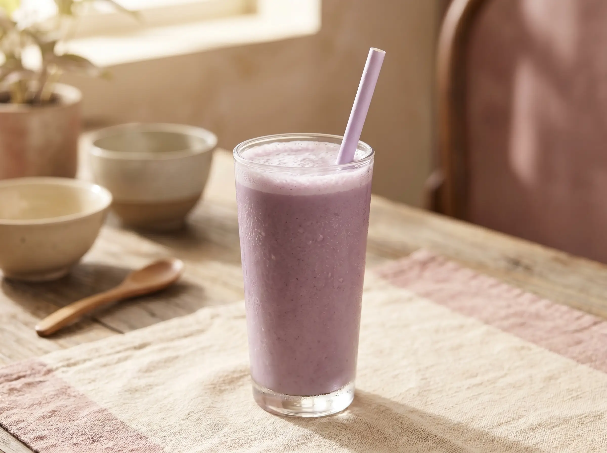 Vietnamese taro smoothie in a tall glass, lavender color, with a pastel straw.