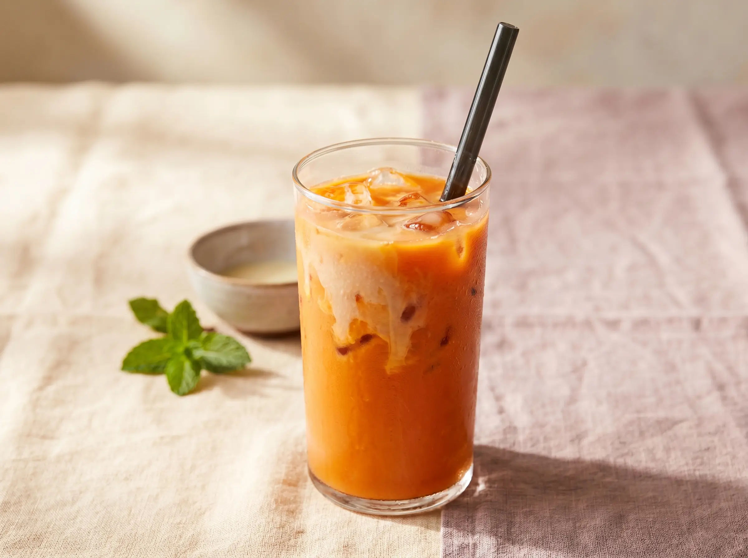 Thai iced tea in a tall clear glass, orange-cream gradient, condensation on glass.