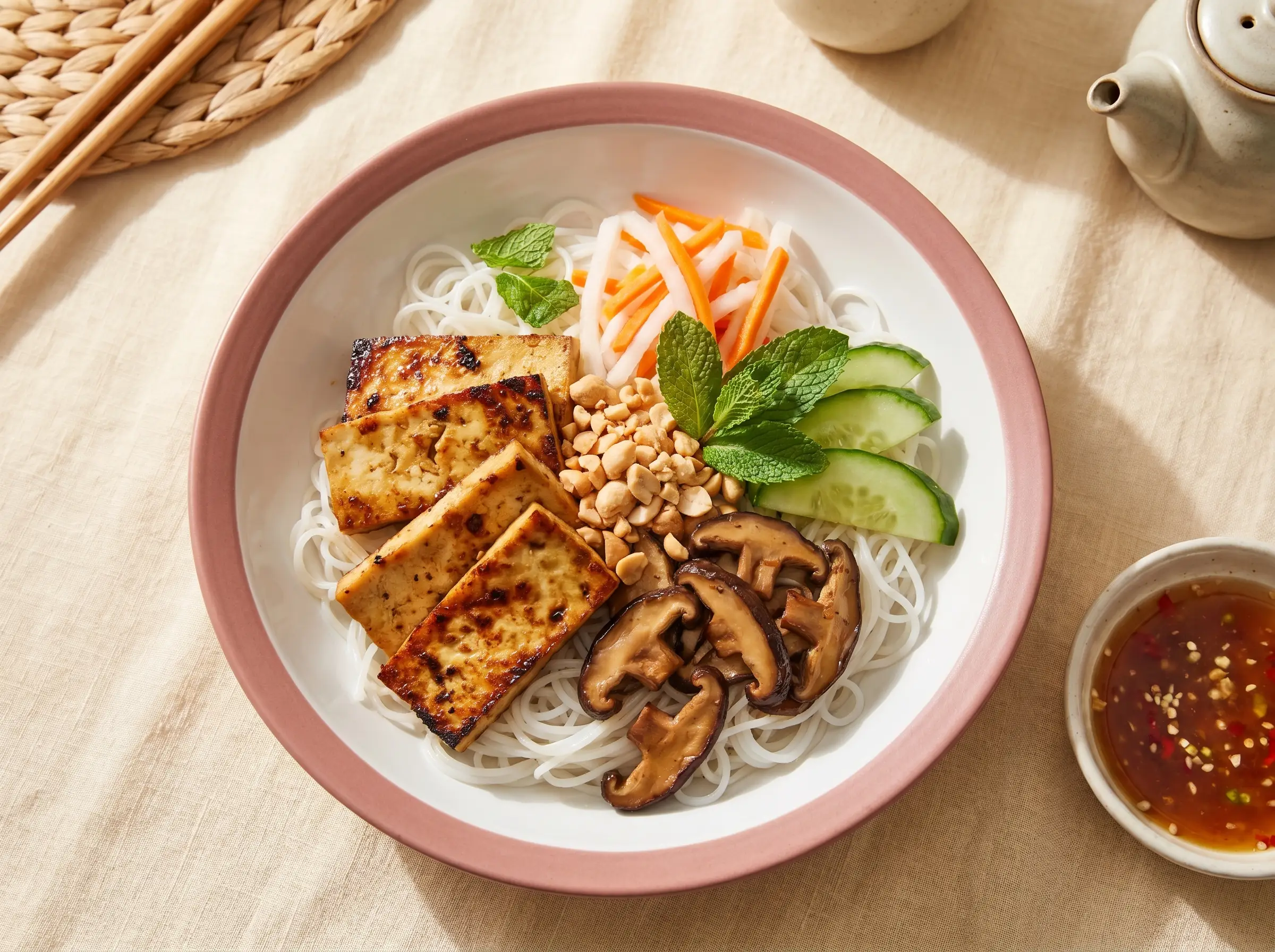 Vegan curry vermicelli with tofu and seasonal vegetables.