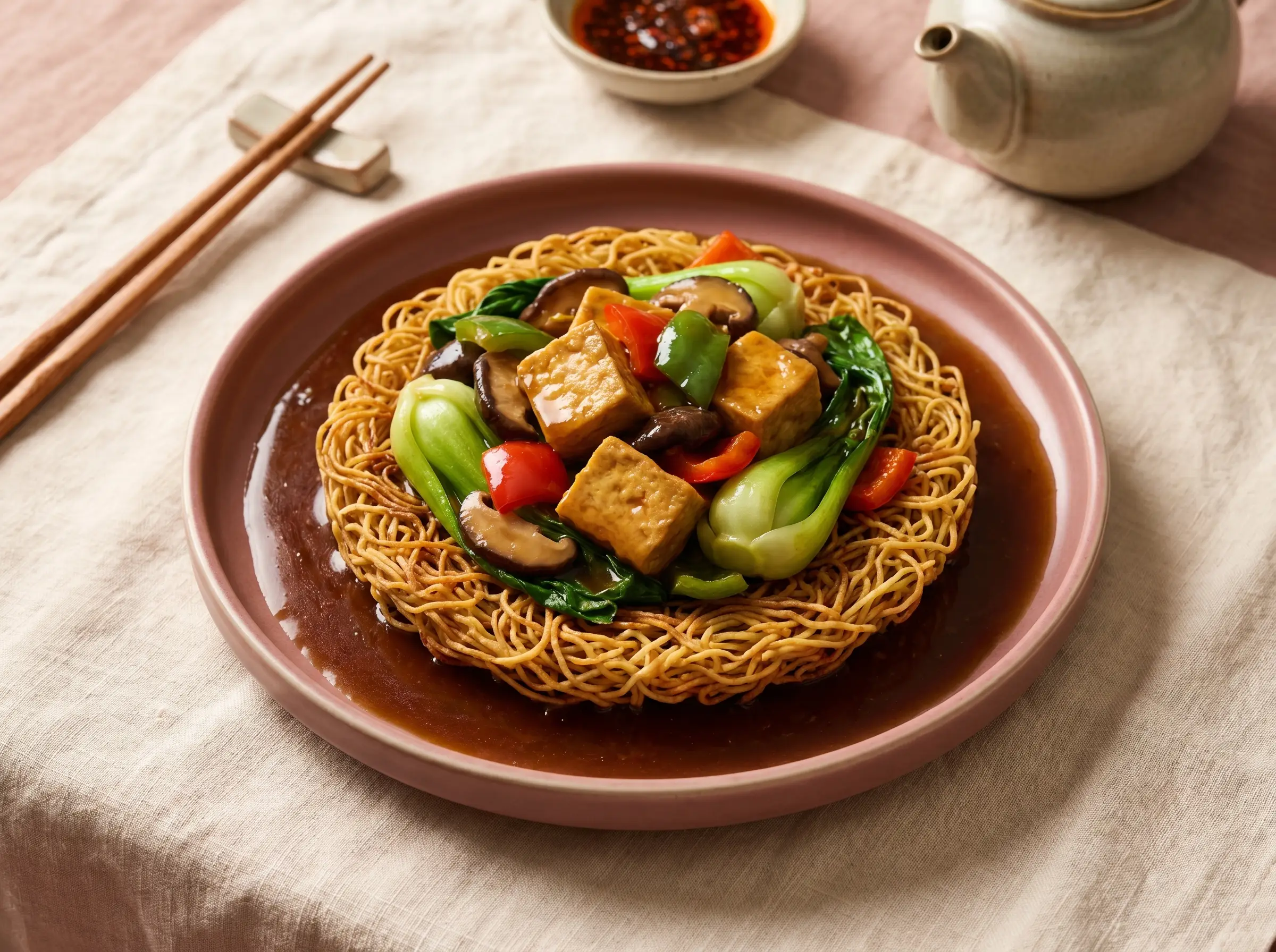 Tofu and vegetables over crispy pan-fried egg noodle.