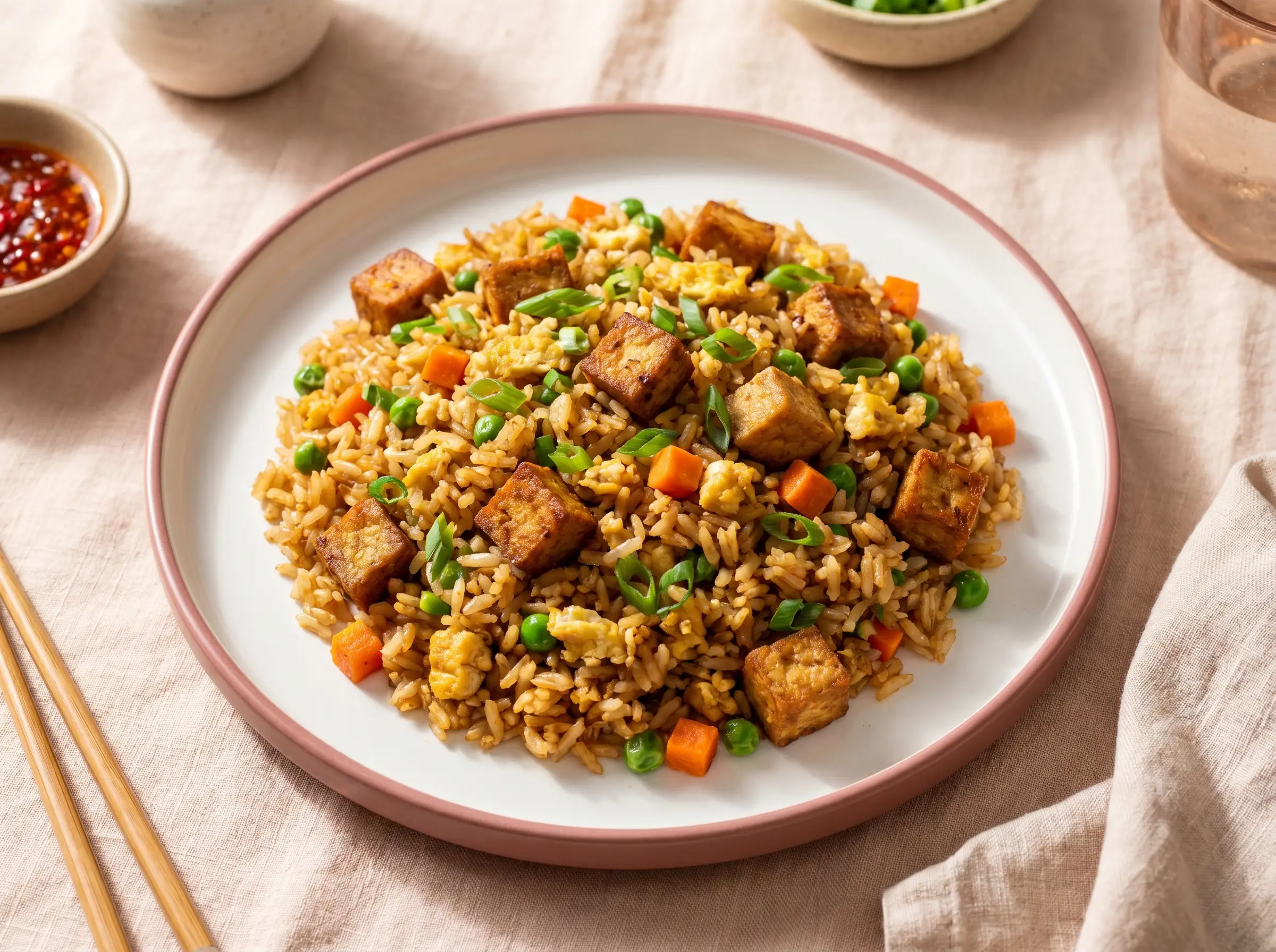 Vegetarian fried rice with diced tofu, egg, and vegetables.