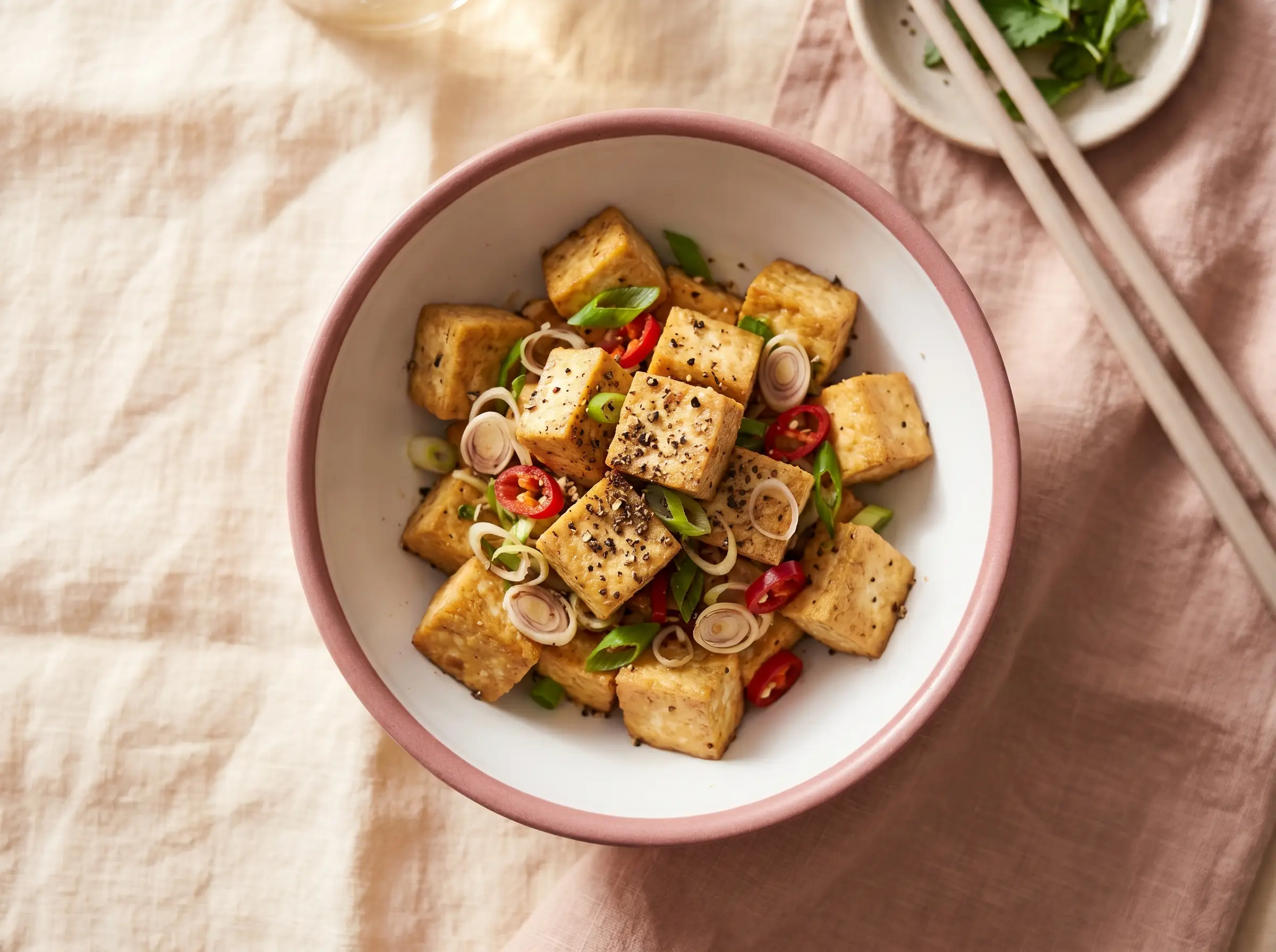Tofu stir-fried with lemongrass, chili, and pepper.