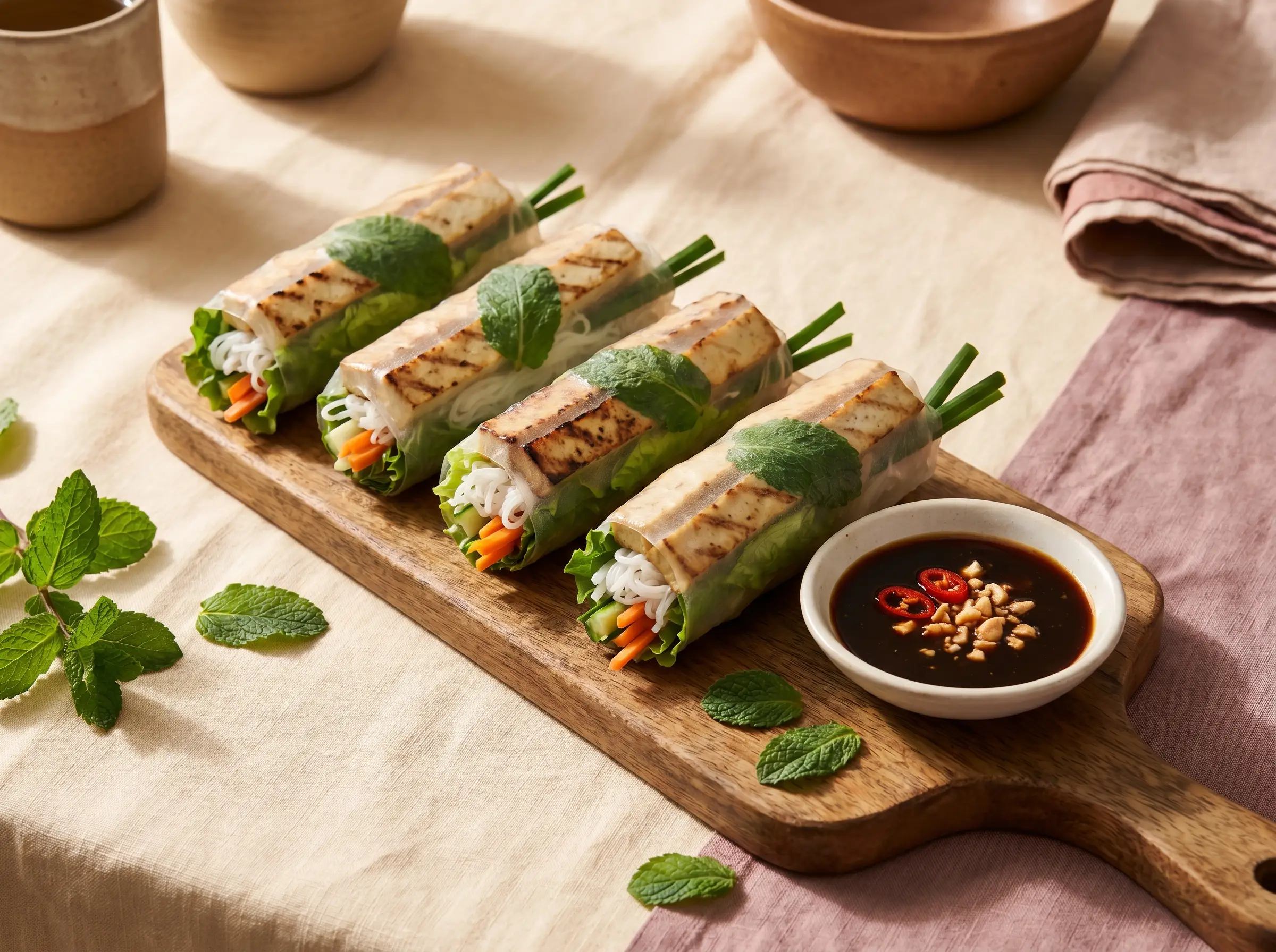 Vegan spring rolls with tofu, vermicelli, and herbs in rice paper.