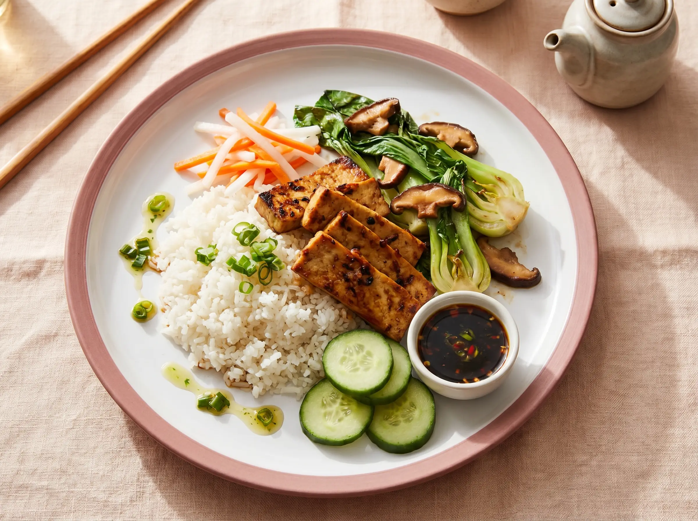Tofu stir-fried with bok choy, broccoli, and Napa cabbage.