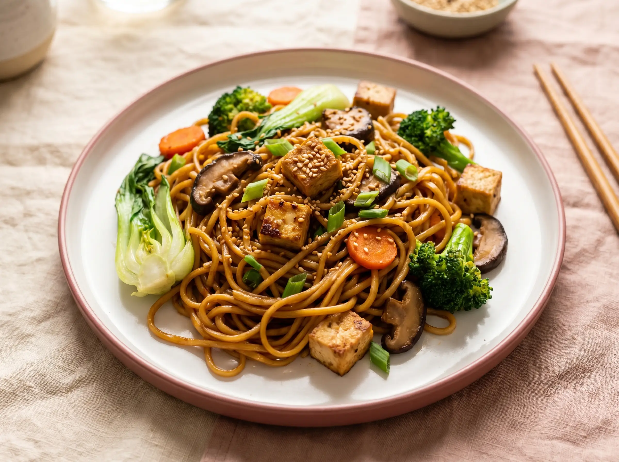 Vegan stir-fried noodles with tofu and assorted vegetables.