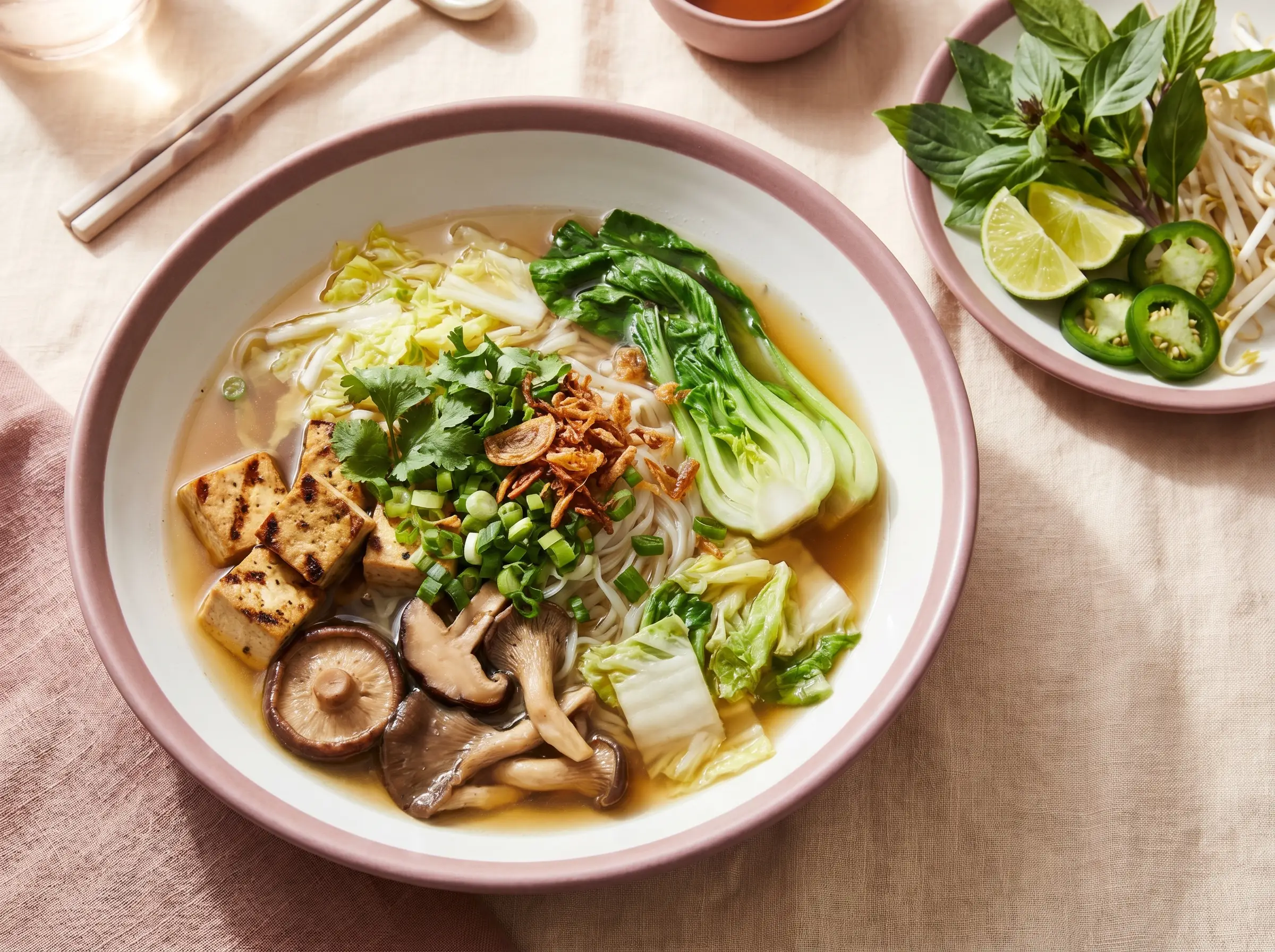 Vegan pho chay with tofu, mushrooms, and vegetables in clear broth.