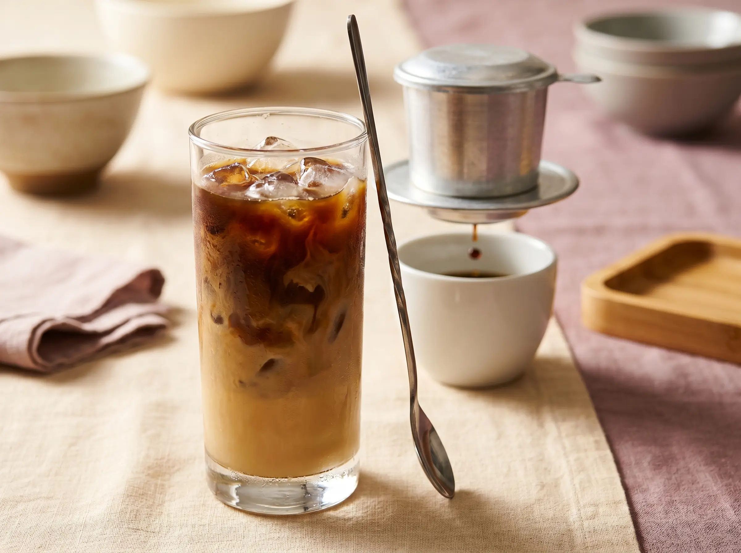 Vietnamese iced coffee with sweetened condensed milk in a tall glass with a phin filter.