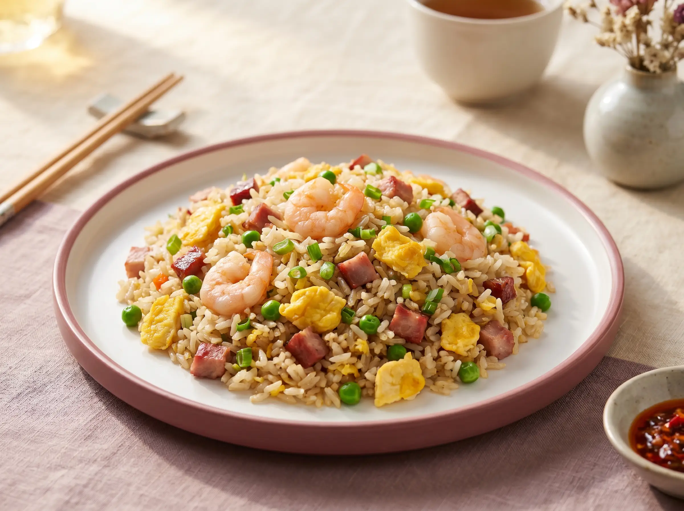 Yang Chow fried rice with shrimp, char siu pork, peas, and egg.